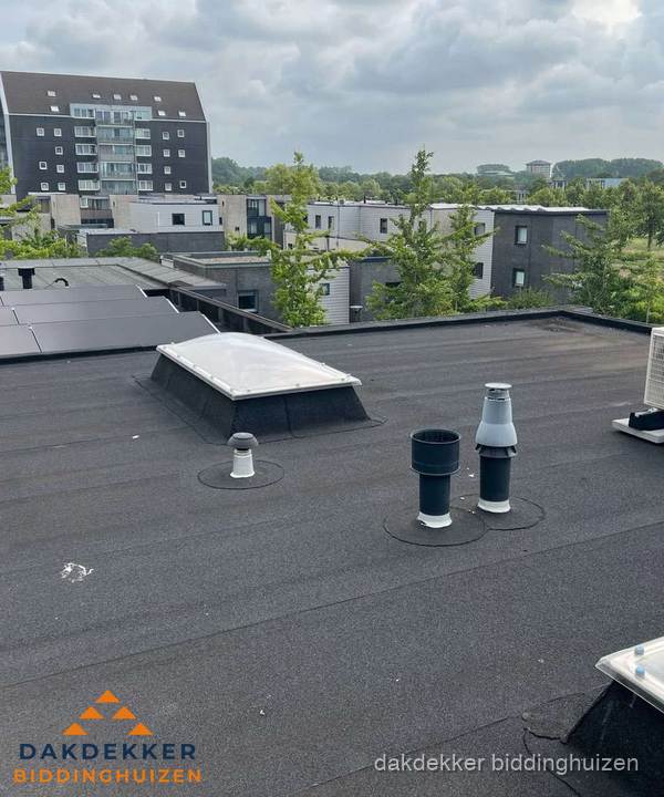 Groot plat dak met lichtkoepel en dakdoorvoeren in Biddinghuizen