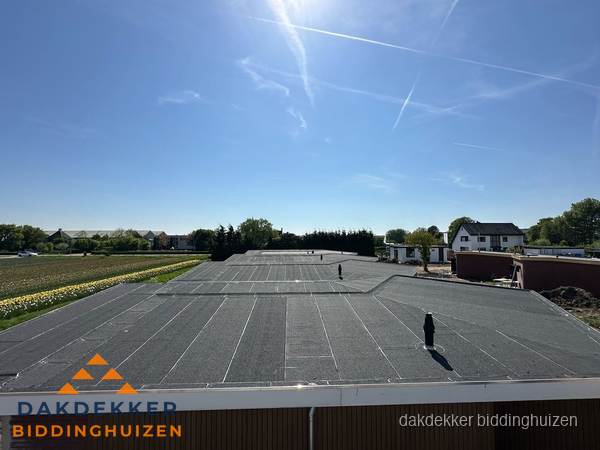 Groot plat dak met bitumen dakbedekking op bedrijfspand in Biddinghuizen