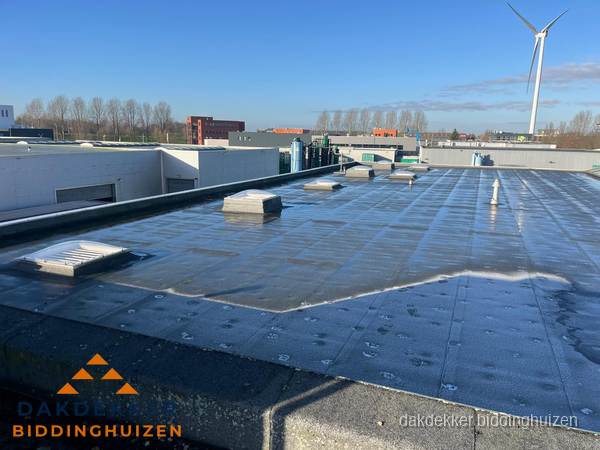 Plat dak bedrijfspand met bitumen dakbedekking en lichtkoepels in Biddinghuizen